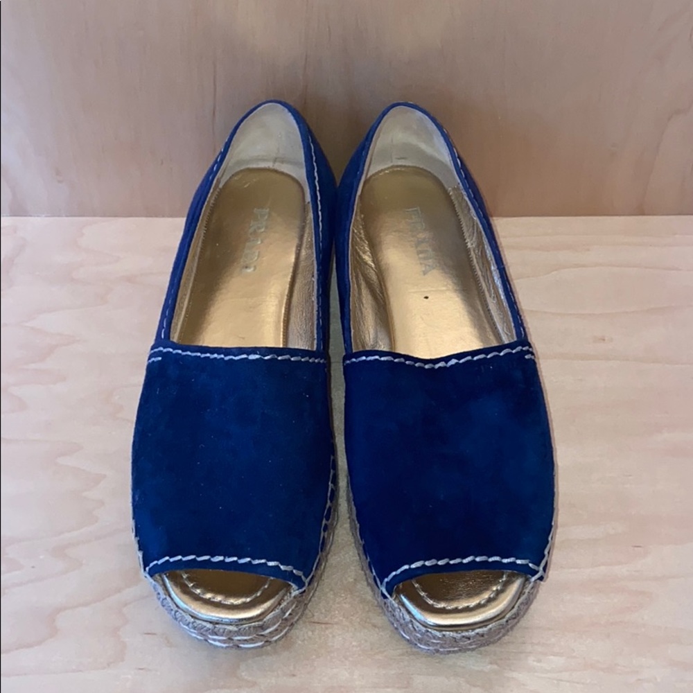 Prada peep toe blue suede platform espadrilles